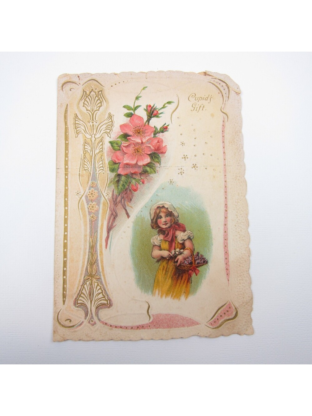 Valentine Card Girl Bonnet Yellow Dress Flowers Embossed Die cut Bifold Antique